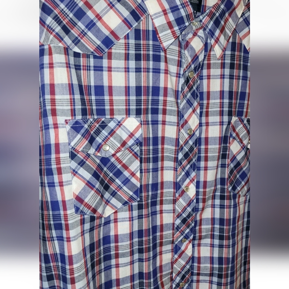 Wrangler Western Shirt Mens Size 3X Pearl Snaps Blue Red Plaid Short Sleeves 3XL - Picture 6 of 6